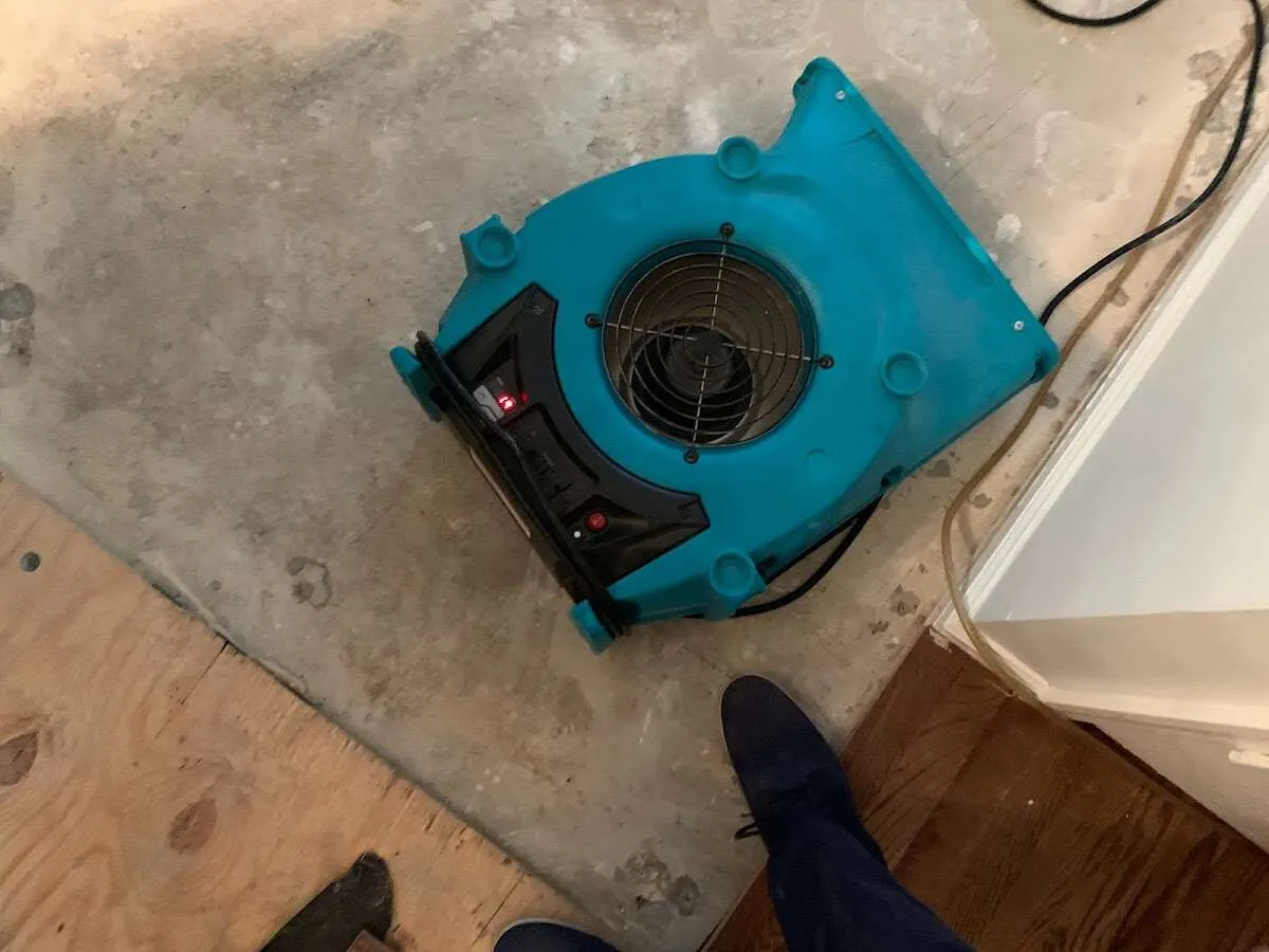 Air mover drying subfloor during Leak Detection & Repair in Tamiami